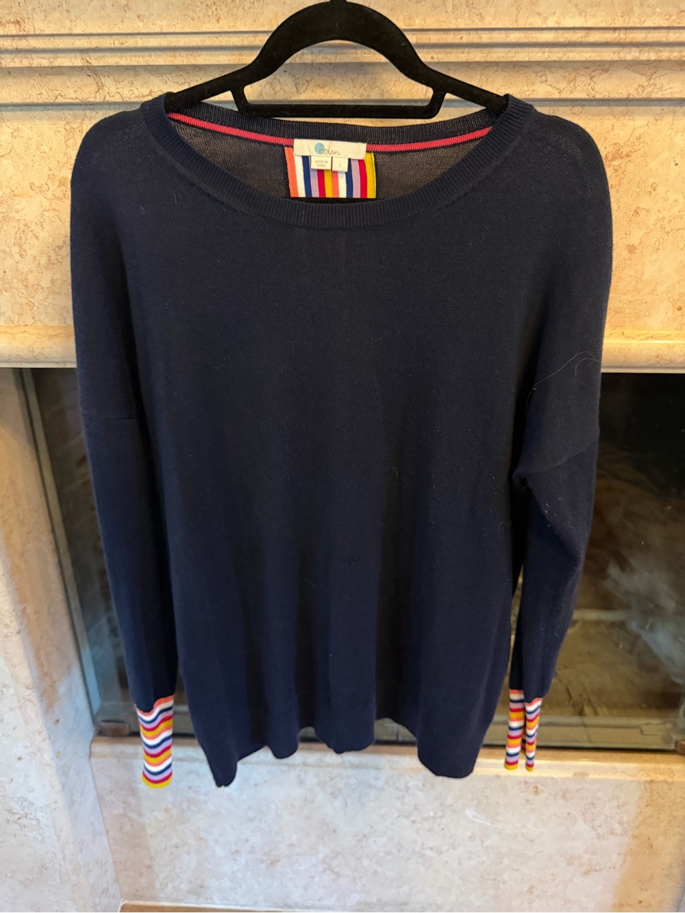 Boden Navy Crewneck Sweater with Multicolor Stripe Cuffs